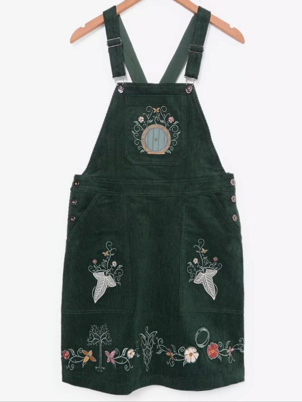 BoxLunch The Lord of the Rings Embroidered Icons Corduroy Overall Dress Green - Picture 2 of 16